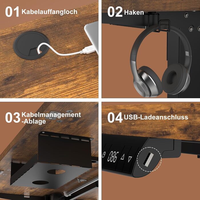 Електричний стоячий стіл Devoko 180x80 см з USB-портом, 3 положення, таймер, блокування, рустикальний/вінтажний колір