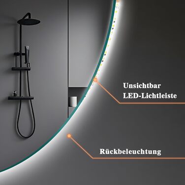 LED-дзеркало для ванної кімнати з підсвічуванням, кругле, 50 см, сенсорне управління, регулювання яскравості, функція пам'яті, HD скло, захист від вибуху, 3 кольори світла, 70x70 см