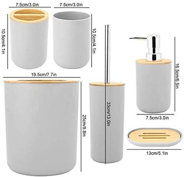 Набір для ванної кімнати AYNEFY, 6 предметів, сучасні аксесуари для ванної кімнати, туалетні приналежності, набір для туалету, дозатор мила, тримач для зубної щітки, мильниця, чашка, набір для туалетної щітки, відро для сміття, бамбук поліпропілен (сірий)