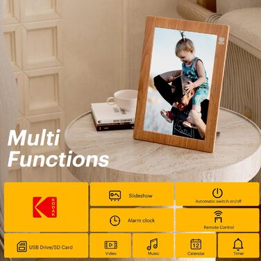 Цифровий фотоальбом KODAK 10 дюймів з пультом, без Wi-Fi, IPS-дисплей 1280x800, відтворення фото/відео/музики, USB/SD, дерев'яний корпус