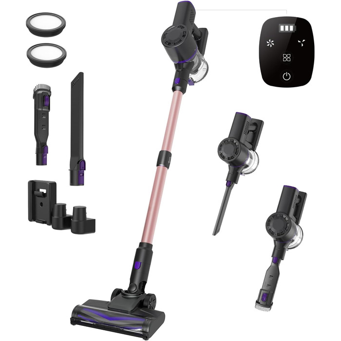 Бездротовий пилосос Vexilar Akku: 60 хв роботи, 45 kPa, 550 W, безщітковий мотор, LED дисплей, 6-в-1, тихий, для дому/авто, підходить для твердих поверхонь, килимів, шерсті тварин, зелений (рожевий)