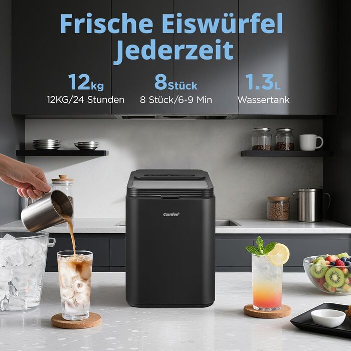 Льодогенератор Comfee RCI12GY1EU(E) 12 кг/24 год, 1.3 л, самоочищення, чорний