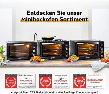 Міні-піч TZS First Austria 35л, 1600Вт з піччю для піци, регулюванням температури та антипригарним покриттям. Таймер на 60 хв, 3 рівня, дека та решітка-гриль