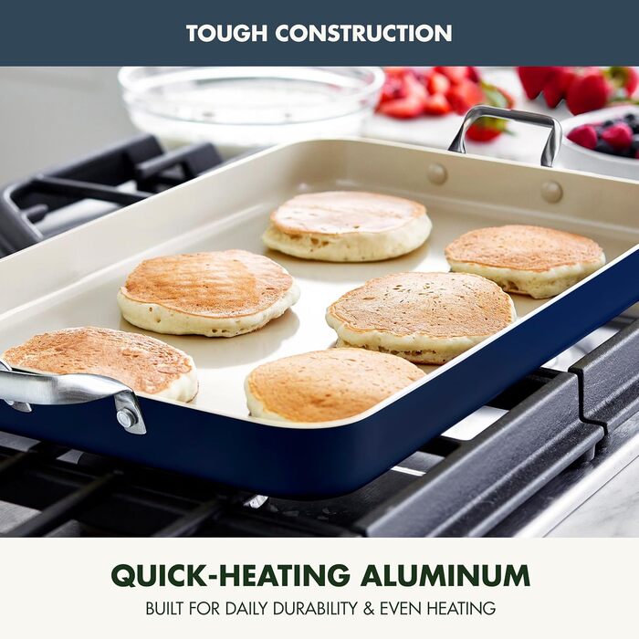 GreenPan сковорода-гриль з подвійним дном, 45.7 x 27.9 см, керамічне покриття, антипригарна, без PFAS, нержавіючі ручки, для плити, посудомийна машина, духовка та гриль, блакитний колір Oxford