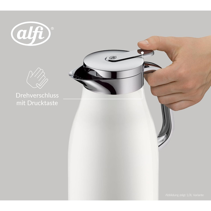 Термос Alfi SKYLINE 1,5л, кокосовий білий матовий, з нержавіючої сталі, з гігієнічним скляним вкладишем, з поворотним кришкою та зручною кнопкою, ергономічна ручка, для однієї руки, ідеальний як кавоварка 1500 мл Coconut White Mat