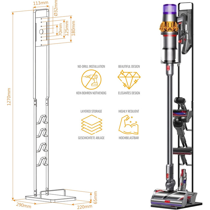 Зарядна станція для пилососа RICOO для Dyson V6-V11, кронштейн SH502, 29x22x127 см, чорний