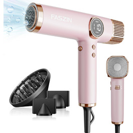 Фен для волосся Faszin з іонізацією, 110 000 RPM, LED-дисплей, 3 насадки, рожевий