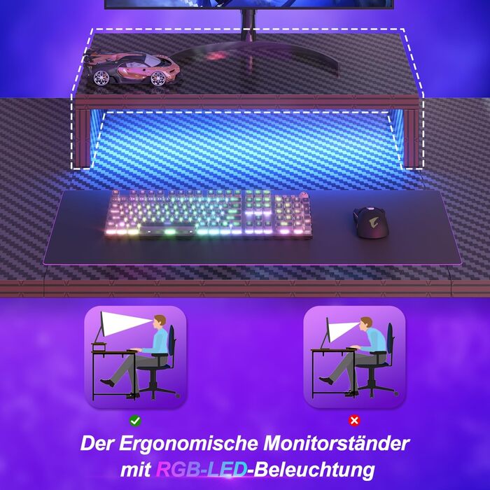 Ігровий стіл Devoko 160x60 см з LED підсвічуванням, підставка для монітора, карбонове покриття, ергономічний дизайн, чорний