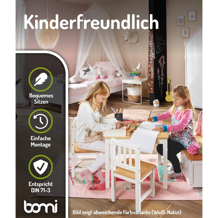 Дитячий меблевий набір Bomi Anna: стіл, 2 стільці та лавка-сховище | Меблі для дитячої кімнати з FSC сертифікованого дерева | Білий