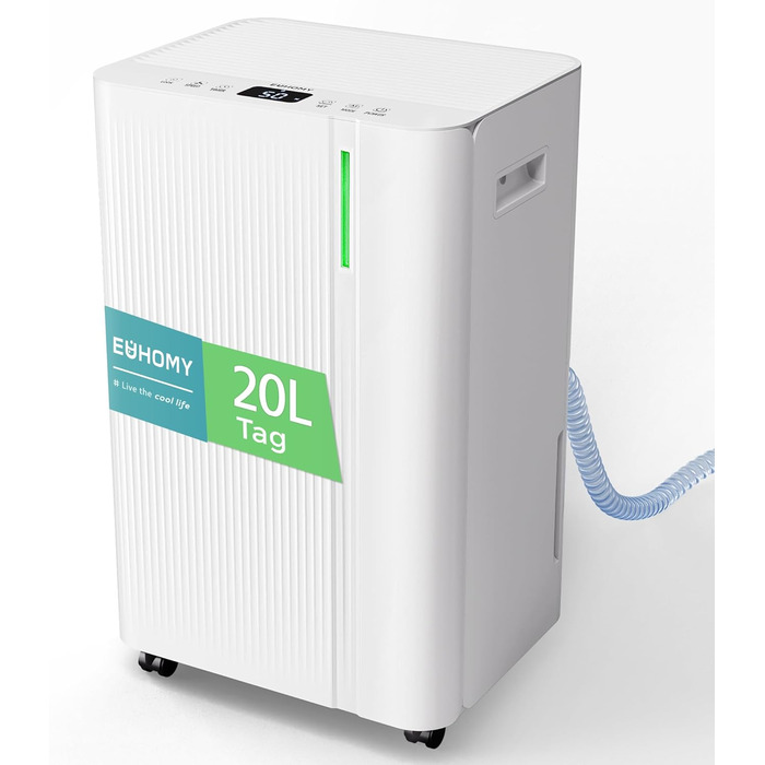 EUHOMY Електричний осушувач повітря 20л/день, для підвалу з відведенням води, тихий, з таймером та авторозморожуванням, для квартири 50м² та 150м³