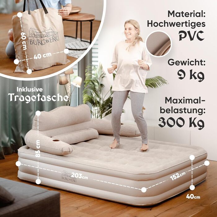 Надувне ліжко 3-в-1 | Гостьове та кемпінгове ліжко | Надувна матрац з електропомпою 150x200 | Самостійно надувна повітряна матрац (2 особи, Бежевий)