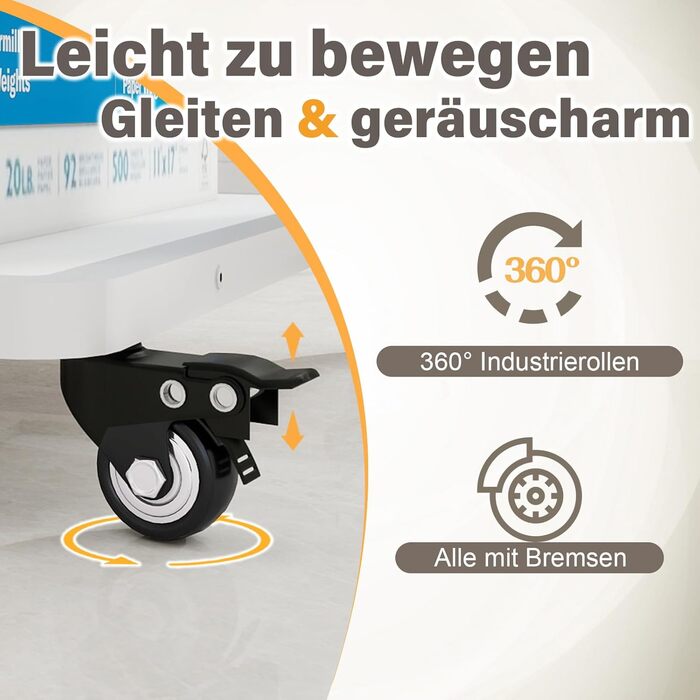 Стіл для принтера PUNCIA з 2 рівнями, мобільний, 60x50 см, білий. Підходить для принтера, сканера, копіювальника.