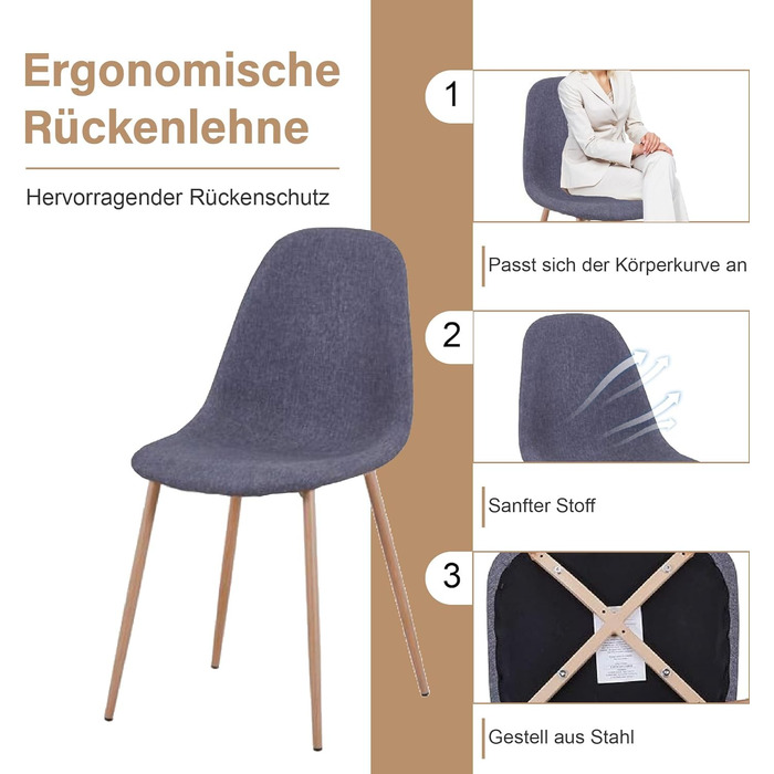 Стілець для їдальні GOLDFAN (4 шт.) з льоновим покриттям, сірий, сучасний дизайн, металеві ніжки