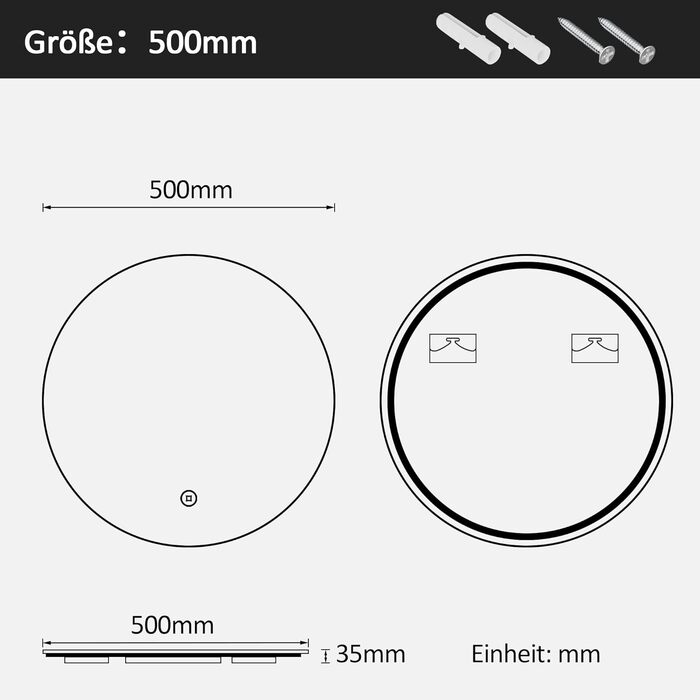 Круглий дзеркало для ванної кімнати Boromal з годинником та підсвічуванням, 60 см, 3 кольори світла, регулювання яскравості, LED, сенсорне управління, Стиль Jd