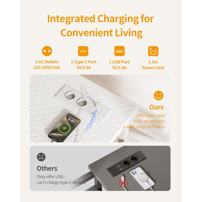 Ігровий стіл CubiCubi зі розетками (2 AC+USB-A+USB-C), 110 x 50 см. Компактний стіл для комп'ютера з регульованою полицею, 4 гачки та кишеня для кіберспортивного кімнати, домашнього офісу, карбонове волокно