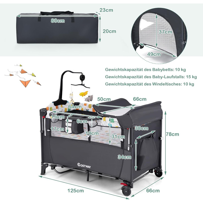 Дитяче ліжко-манеж COSTWAY 120x60 см з матрацом, пеленальним столиком, іграшками та музичною шкатулкою, сірий колір
