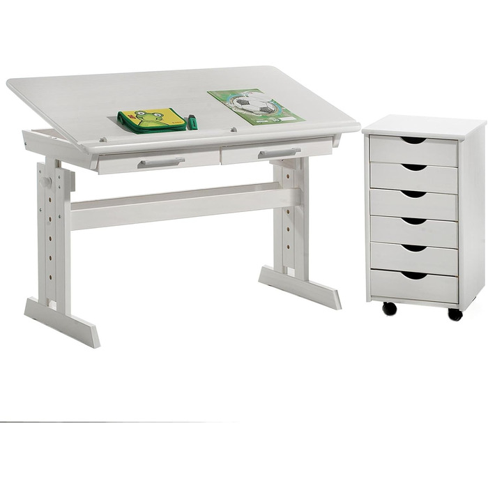 Дитячий стіл IDIMEX Olivia з сосни білого кольору, красивий учнівський стіл з регулюванням нахилу і висоти, практичний молодіжний стіл з висувними ящиками
