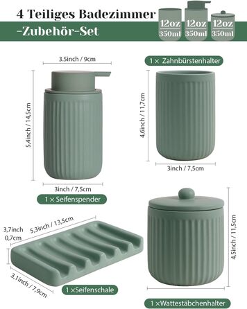 Набір аксесуарів для ванної кімнати 4 шт. з кераміки: дозатор для мила 350 мл, стакан для зубної пасти, мильниця, контейнер для ватних паличок. Декоративний набір для раковини (зелений)