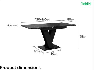 Обідній стіл Mebleini розсувний, сучасний, чорний глянцевий/білий глянцевий (120-160x80x75см, чорний мармур/чорний матовий)