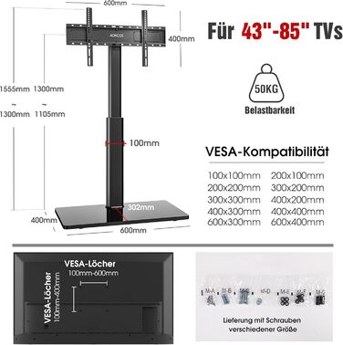Підлогова стійка для телевізора AOKCOS 1,6 м, універсальна, для ТВ 43-85 дюймів, з регулюванням висоти, нахилу та повороту, сумісна з VESA 600x400 мм, до 50 кг (чорна/біла)