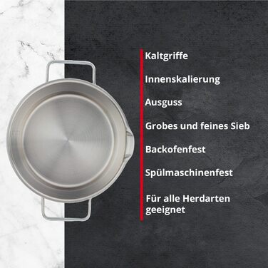 Каструля Meisterkoch з нержавіючої сталі 16 см Ø | з виливом, внутрішньою шкалою та ізольованою ручкою | 1 скляна кришка з дрібним та великим ситом | Кухонне приладдя, нержавіюча сталь, індукційне дно (20 см)