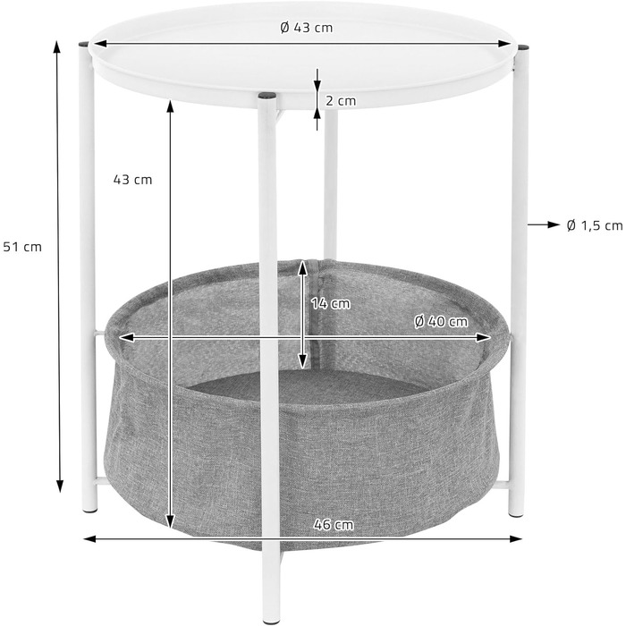 Журнальний стіл ML-Design круглий Ø46 x H51 см, білий, металевий, журнальний столик з тканинним кошиком і знімним підносом, диванний стіл з кошиком для зберігання, сучасний дизайн, маленький столик, стіл для вітальні Приліжкова тумбочка