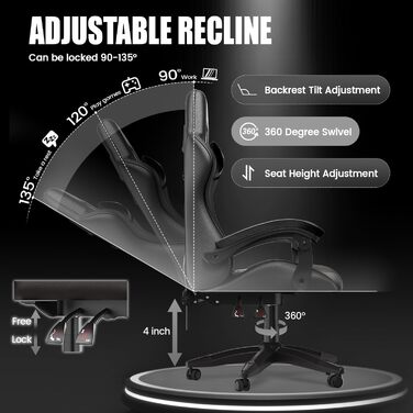 Ігровий крісло Bigzzia Ergonomiczne - Чорний, для геймерів, PC, комп'ютерне, з підголівником та підлокітниками