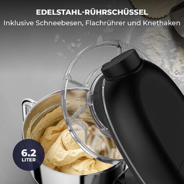 Кухонний комбайн з машиною для пасти – 2000W, електричний, з чашею 6.2L з нержавіючої сталі (чорний)