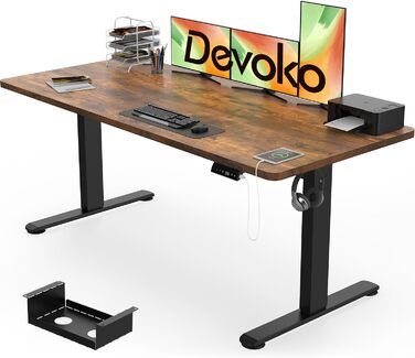 Електричний столик Devoko 160x80 см з USB-зарядкою, регульована висота, сталевий, 3 позиції пам'яті, панель керування, вінтажний колір (rustikales Braun)