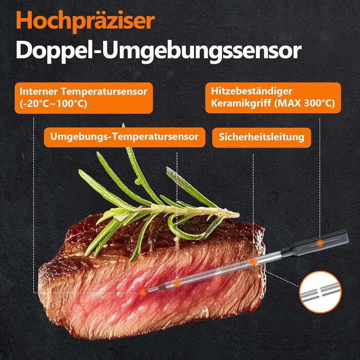 Бездротовий термометр для м'яса AIRMSEN з LCD-дисплеєм, водонепроникний (IPX8), для приготування на грилі, в духовці та BBQ, Bluetooth, 150м, керування через додаток, керамічна ручка, для гриля, духовки та BBQ, колір: дерево