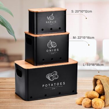 Набір контейнерів для зберігання картоплі, цибулі та часнику (3 шт.), бамбуковий кришка, чорний колір