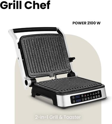 Електричний контактний гриль і бутербродниця ZEEGMA Grill Chef 2100 Вт, знімні конфорки, 2в-1, складання на 180, антипригарне покриття ILAG, піддон для крапель, звукові сповіщення (SILVER)