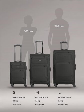 Набір валізак Smartbox (3 шт.) для жінок та чоловіків | Легкі та міцні валізи-ролери, розширювані, з кодовим замком, 4 колеса, чорний колір