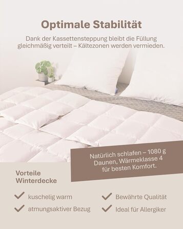 Зимовий ковдрик 135x200 см з пуховою начинкою 1080г - ковдра з бавовняним покриттям, дихаюча та придатна для прання до 60°C, сертифікат Ökotex