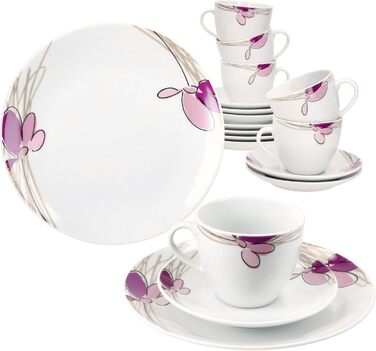 MamboCat Комплект посуду для кави та сніданку на 6 осіб, 18 предметів, біле порцелянове посуд з квітковим декором, 6 чашок 170мл, 6 підстаканників та тарілок