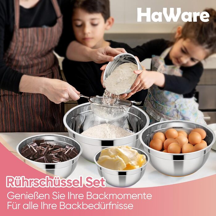 Набір мисок HaWare 7 шт. з нержавіючої сталі з кришками, 6.5-0.7л, кольорові, з силіконовим дном