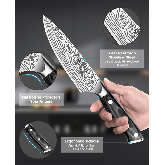 MOSFiATA Набір кухонних ножів: ніж шеф-кухаря та сантку, з нержавіючої сталі, професійний, з подарунковою коробкою