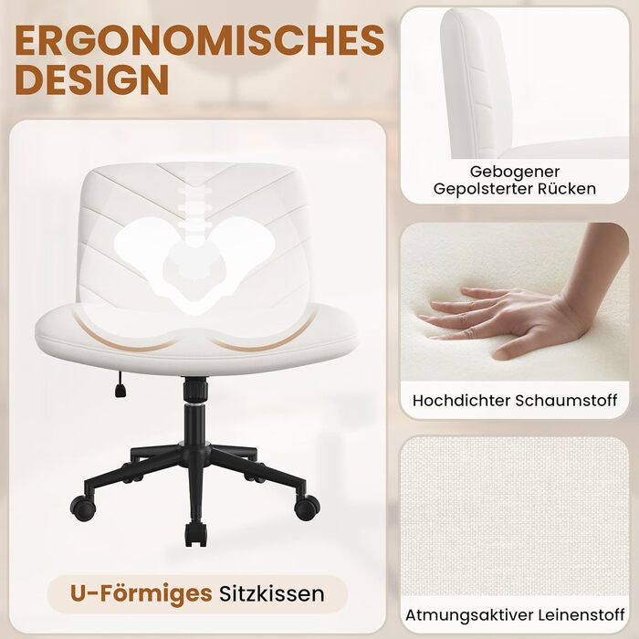 Крісло офісне Yaheetech з колесами, регульоване по висоті, з широким сидінням та середньою спинкою, для офісу та спальні, бежеве