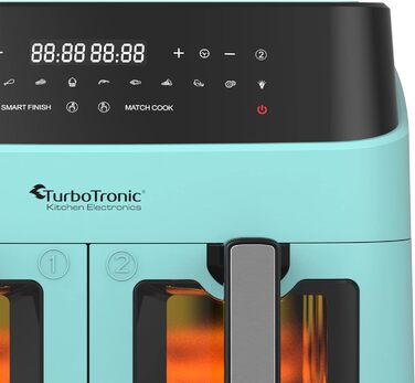 Подвійна фритюрниця TurboTronic XXL 1600 Вт / 9 л (2 шт. 4.5 л камера) 10 програм Цифрова фритюрниця без жиру Масло Подвійна фритюрниця Фритюрниця Power Turquoise