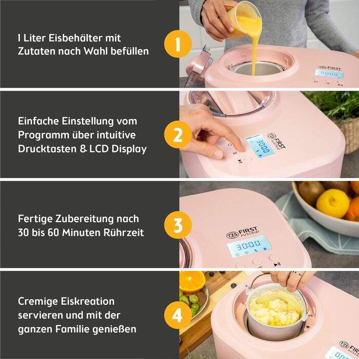 Електрична машина для приготування морозива TZS First Austria 1L з компресором 3 в 1 - для морозива, сорбету та замороженого йогурту, з мірним стаканом та лопаткою, рожева