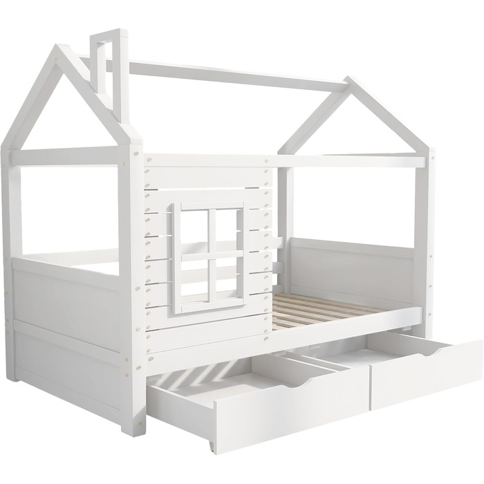 Дитяче ліжко 80x160 см з ящиками та віконцем, масивне дерево, захист від падіння, ламелі, для хлопчиків та дівчаток, ліжко-будиночок, без матраца, білий колір