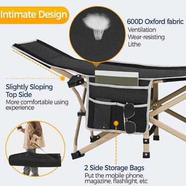 Розкладне ліжко для кемпінгу Yaheetech, похідна шезлонг-ліжка з кишенею та сумкою для транспортування, витримує до 150 кг, чорне