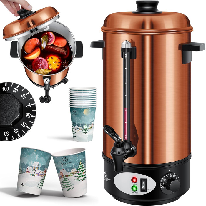 KESSER® Глювайновий котел 8л з нержавіючої сталі, 10 склянок, термостат, автомат для глінтвейну, гарячих напоїв, чайник, дозатор гарячої води, автоклав, індикатор рівня, кран, сріблястий