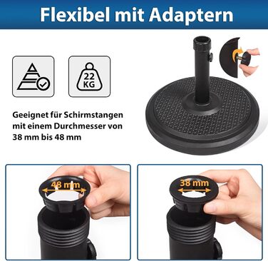 Підставка для парасольки Paramondo, кругла, з полімерного бетону, для масту до Ø 50 мм, з адаптерними втулками (чорна)