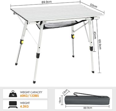 Складаний кемпінговий стіл Portal з регулюванням висоти, алюмінієвий, 90 x 53 см, для 4 осіб, сріблястий