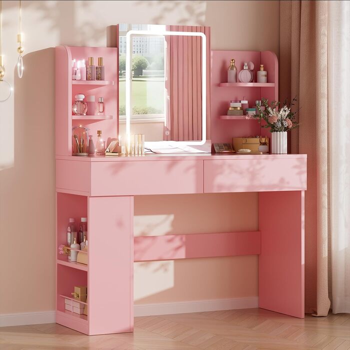Трюмо Airfish з підсвічуванням 108x40 см: туалетний столик з дзеркалом, полицями, 2 шухлядами, регульоване освітлення, для спальні/вітальні (білий/рожевий)