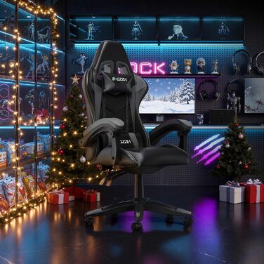 Ігровий крісло Bigzzia - ергономічне крісло для ПК з підголівником, RGB підсвічуванням, для юнаків та дорослих (чорно-сірий, без LED)