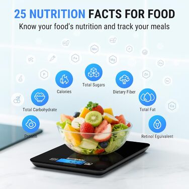 Кухонні ваги ACCUWEIGHT з Bluetooth та підрахунком калорій (4 батарейки) – цифрова вага для їжі до 5 кг з LCD дисплеєм, підходить для приготування їжі та схуднення CK780