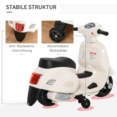 Дитячий електричний мотоцикл HOMCOM VESPA, 18-36 місяців, 3 км/год, LED світло та звук, PP пластик та метал, білий, 66.5x38x52см