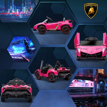 Електромобіль HOMCOM для дітей, ліцензійна модель Lamborghini Veneno, швидкість до 3-7 км/год, двері-крила, музичний плеєр, пульт дистанційного керування, рожевий
